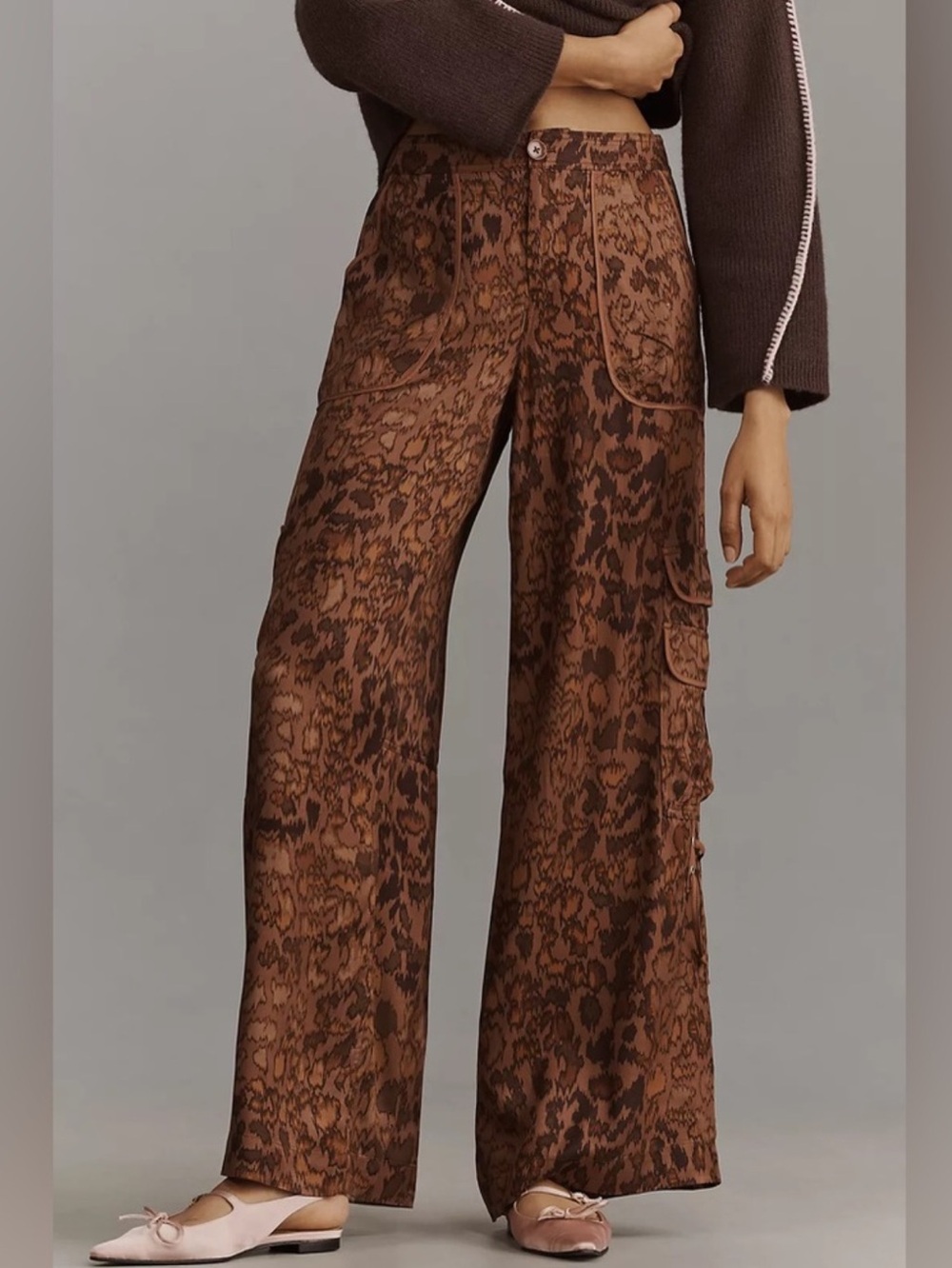 Anthropologie Palazzo Wide-Leg Utility Cargo Pants Brown Motif Animal Print 14